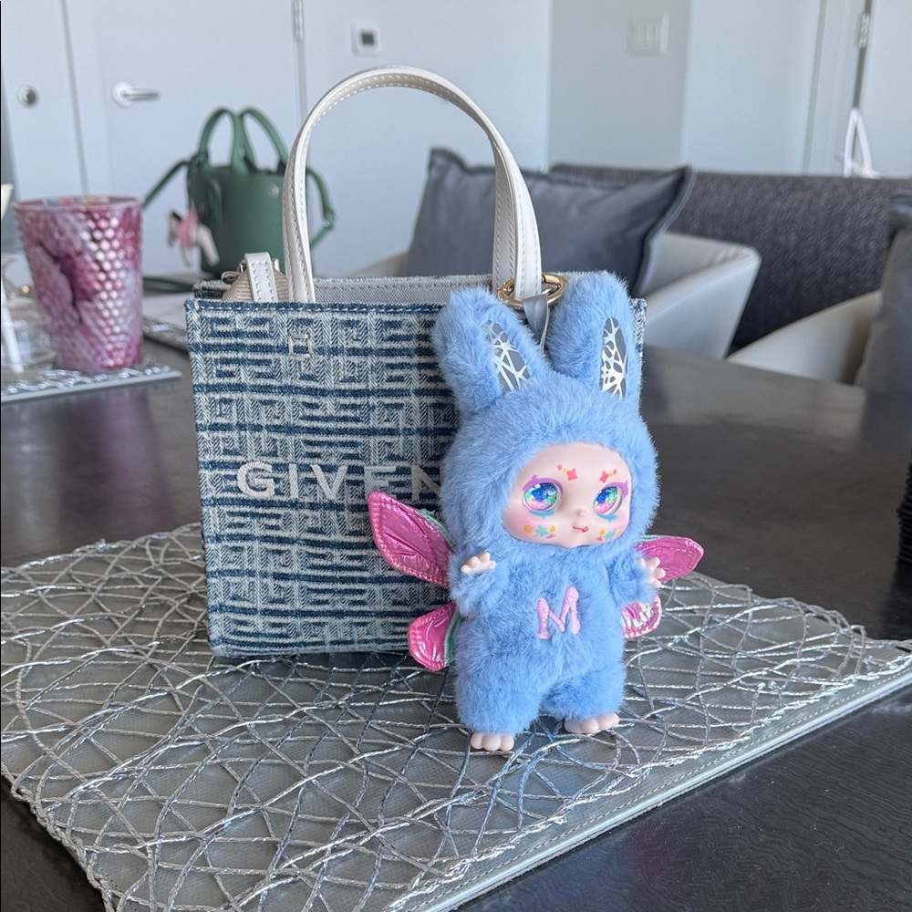 Givenchy Blue Monogram Mini Tote with Pink-Accented Blue Fuzzy Charm